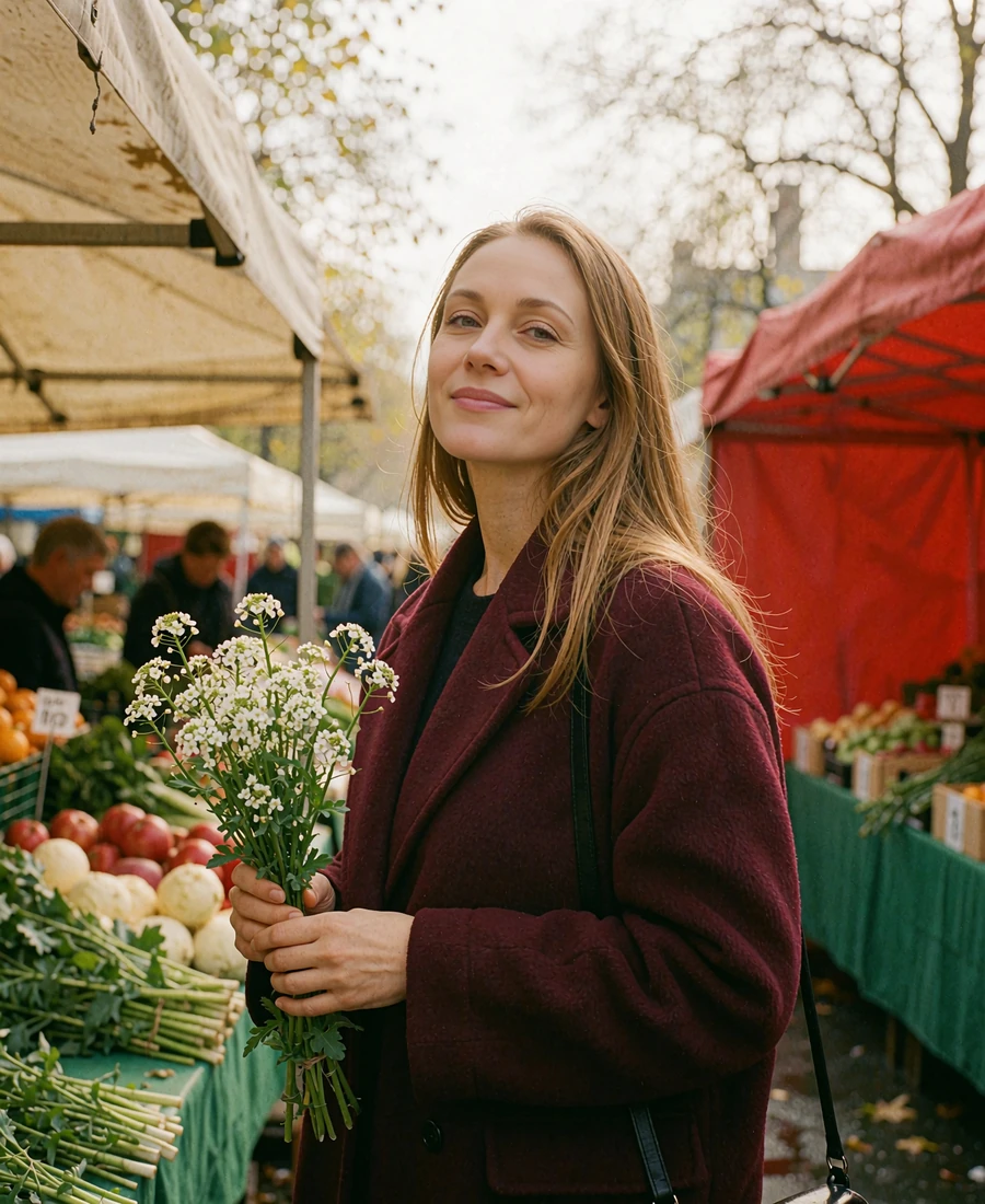 Woman in a burgundy coat holding white field flowers at an outdoor market