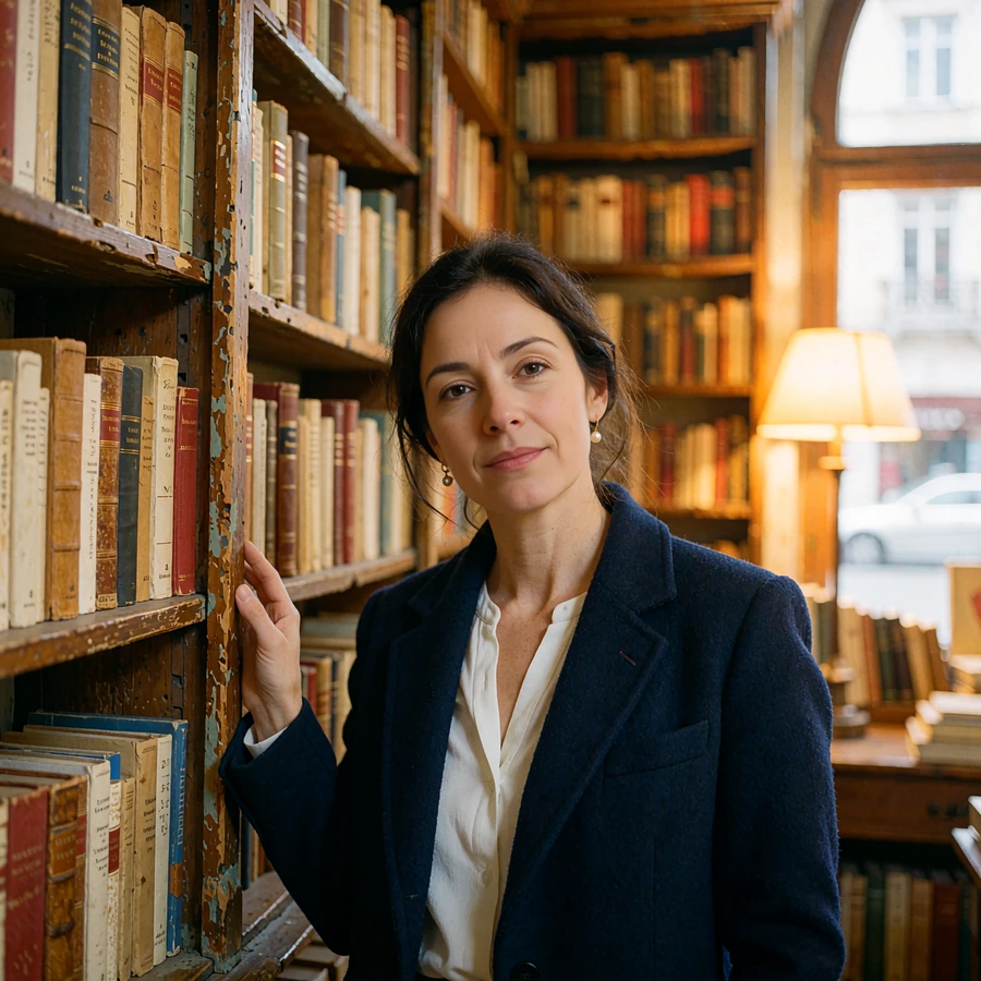 Woman in a navy blazer standing between tall wooden shelves in an old European bookshop