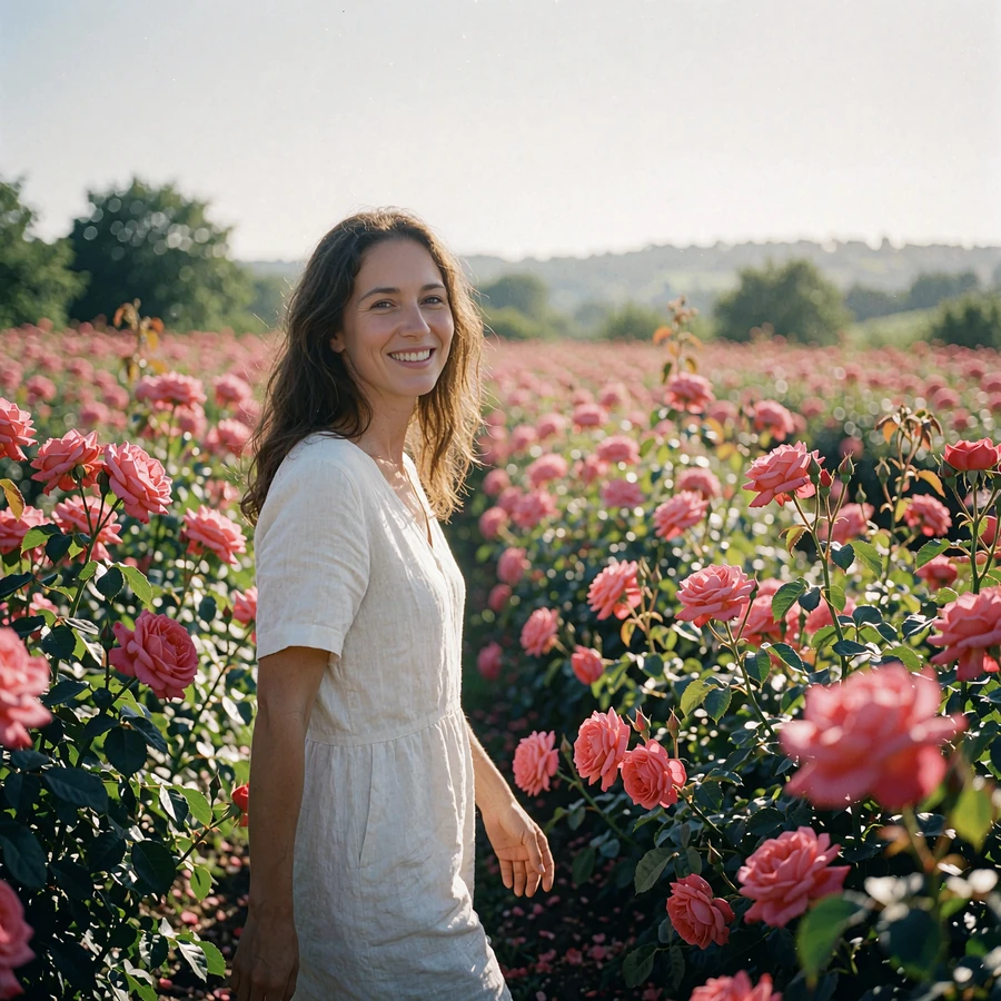 Woman in a white linen dress walking through blooming rose bushes in the Rose Valley