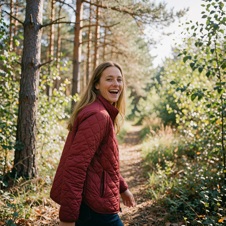 Woman in a crimson quilted jacket laughing while walking a woodland trail