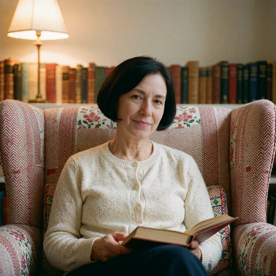 Woman in a cream cardigan holding a book while seated in a home library corner