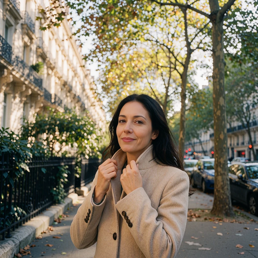 Woman in a tailored beige coat smiling on a tree-lined city boulevard with belle-époque facades behind her