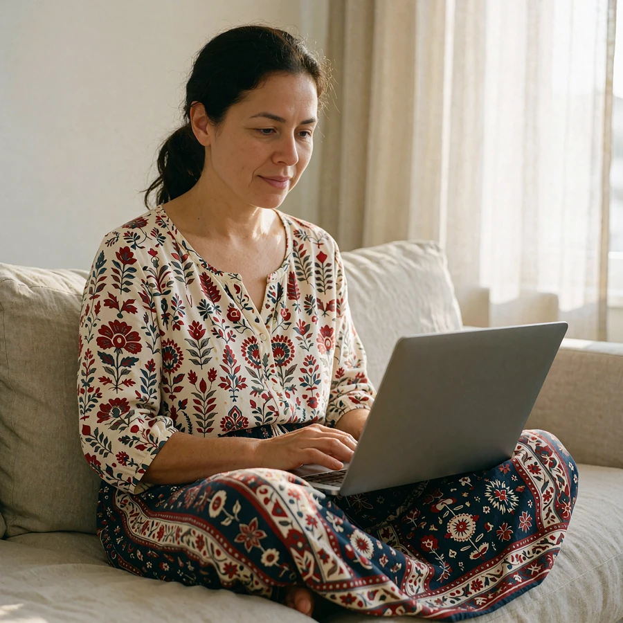 Woman securely logged into her verified dating profile on a laptop in a sunlit apartment