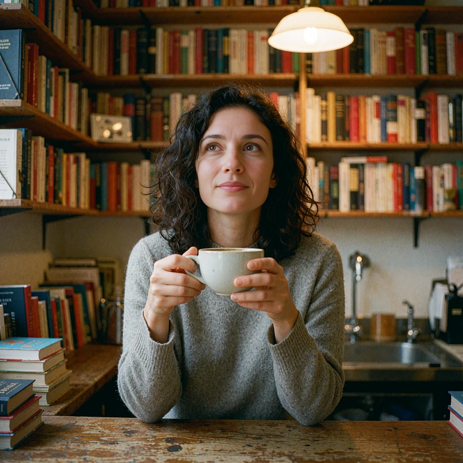 Woman in a grey sweater holding a porcelain cup behind a bookshop café counter