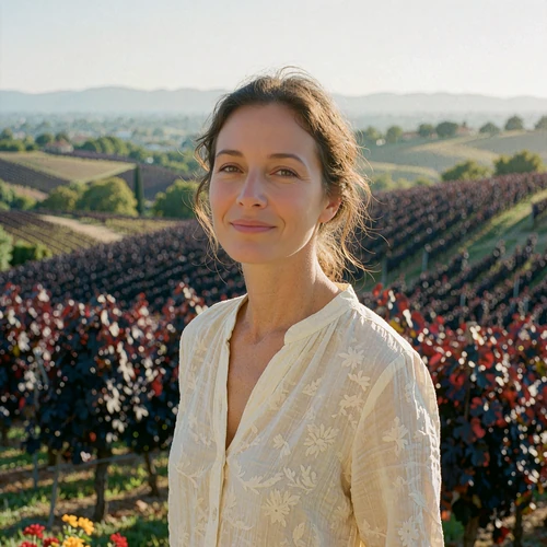 Woman smiling on a sunlit vineyard terrace at golden hour