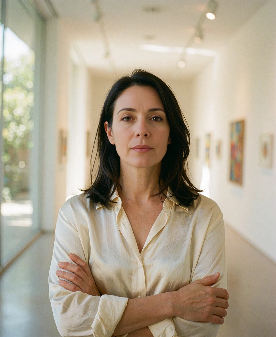 Woman in a cream silk shirt standing calmly in a minimal art gallery corridor
