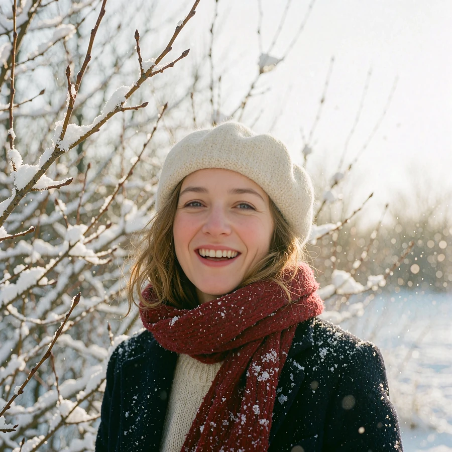 Woman in a cream wool hat and crimson scarf laughing on a snowy park path