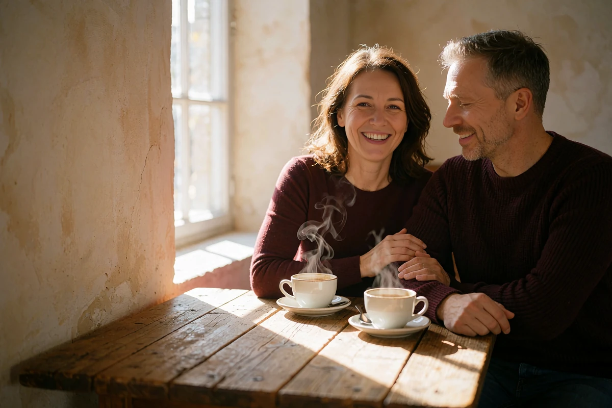 Couple laughing together at a corner café table with two cups of coffee between them