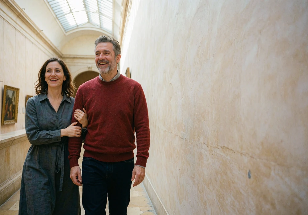 Couple in their forties walking and laughing together through a bright museum corridor