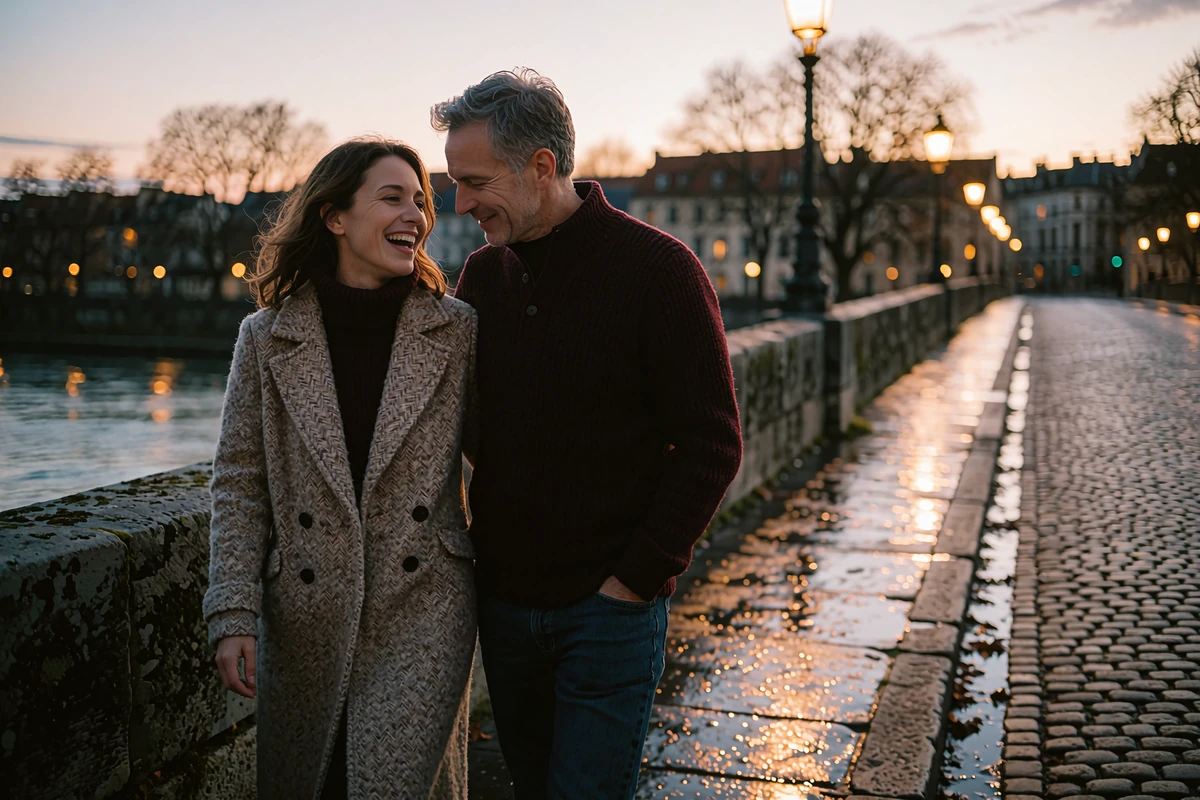 Couple walking slowly along an old stone bridge at blue hour