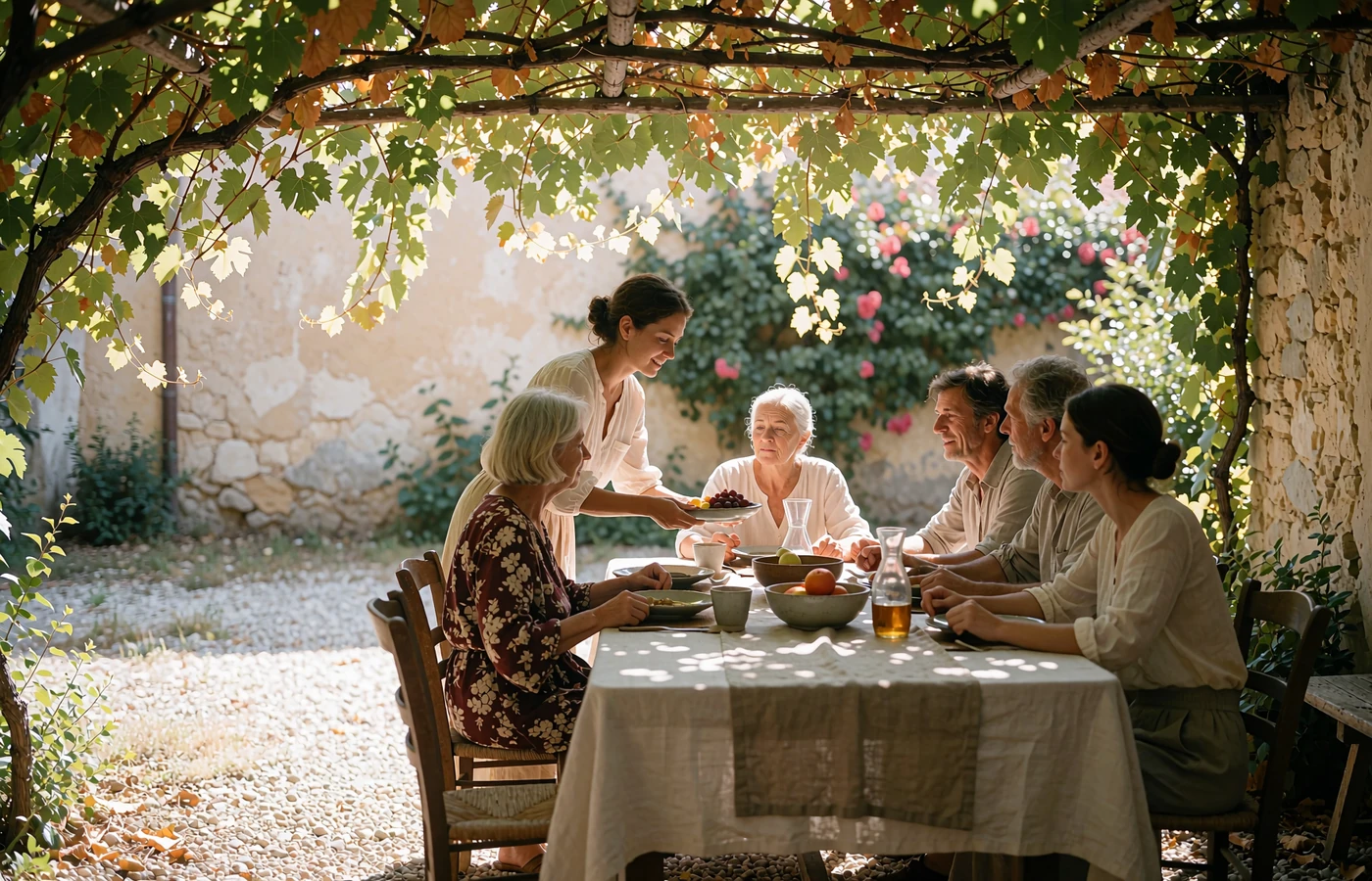 Family gathered under a grapevine pergola sharing a long table meal in a Moldovan village courtyard