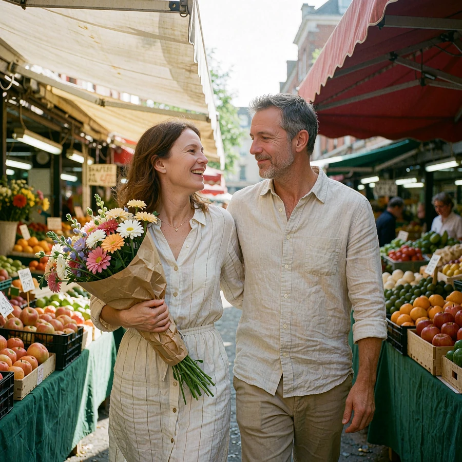 Couple walking through an open-air market, the woman carrying flowers and laughing with her partner