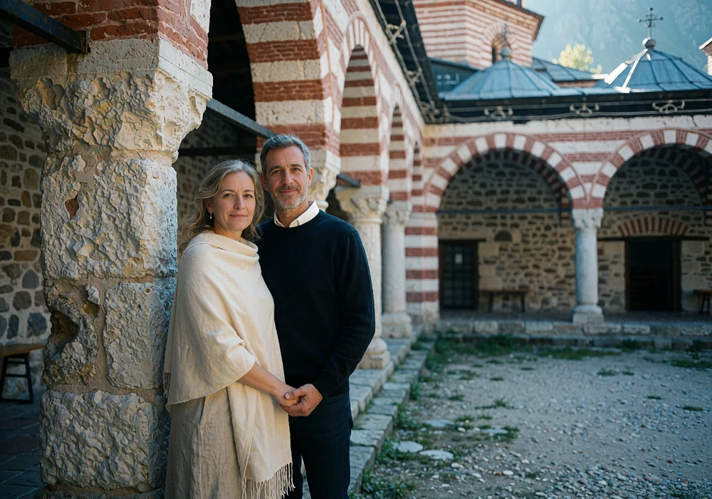 Couple holding hands under a stone arcade in a quiet mountain monastery courtyard