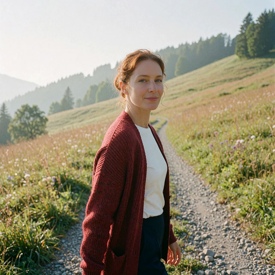 Woman in a crimson knitted cardigan glancing over her shoulder on a mountain meadow path