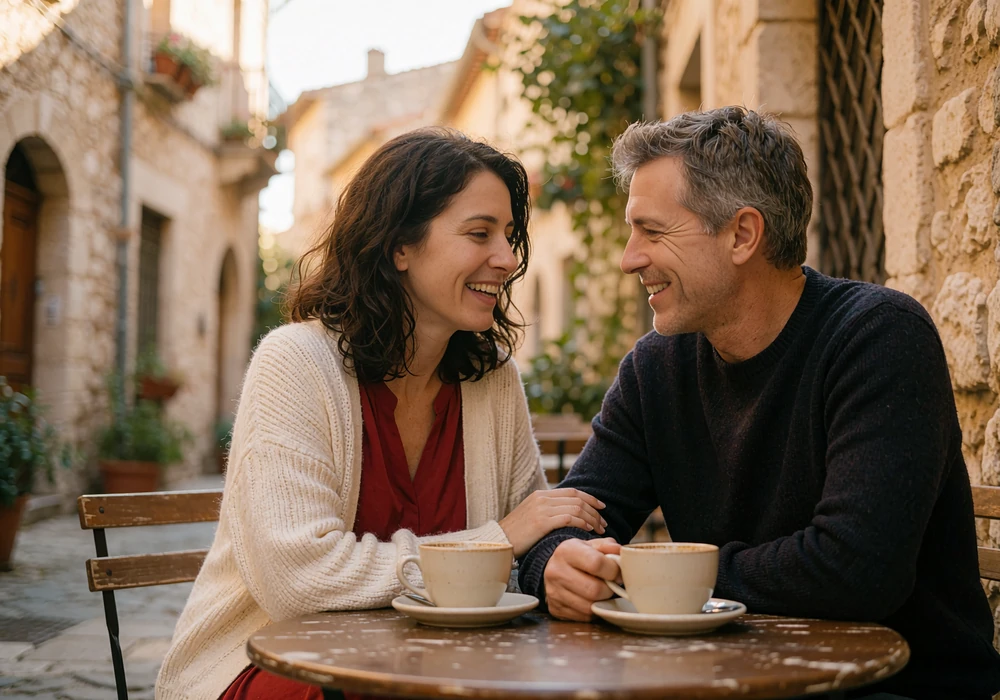 Couple sharing a laugh at a small outdoor café table in an old town lane