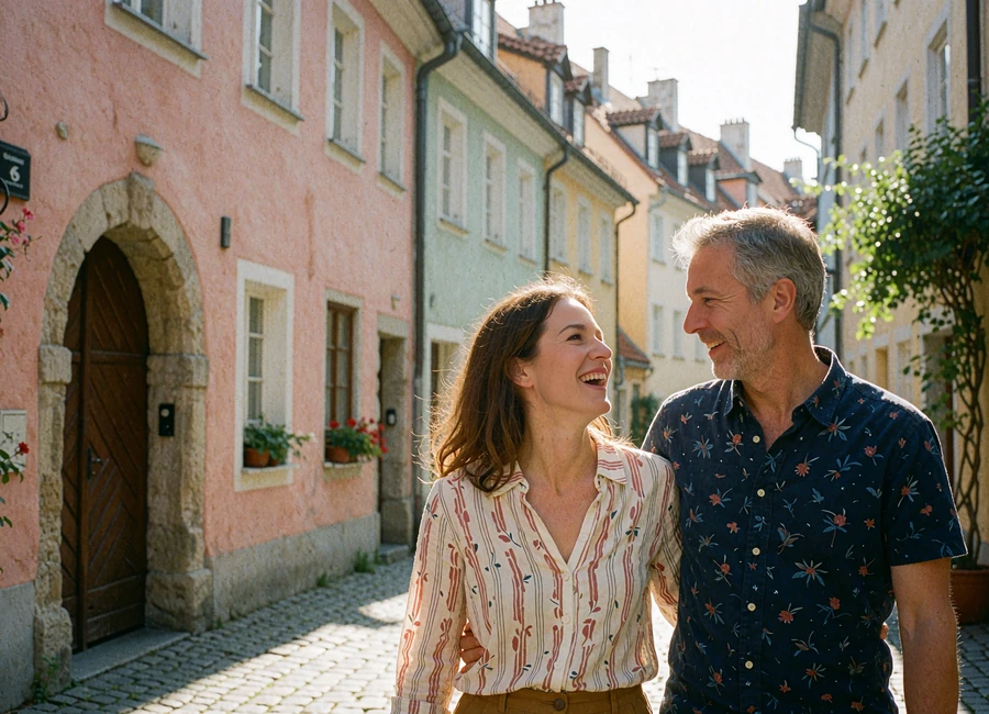 Couple in their forties walking together along a cobbled European old-town lane