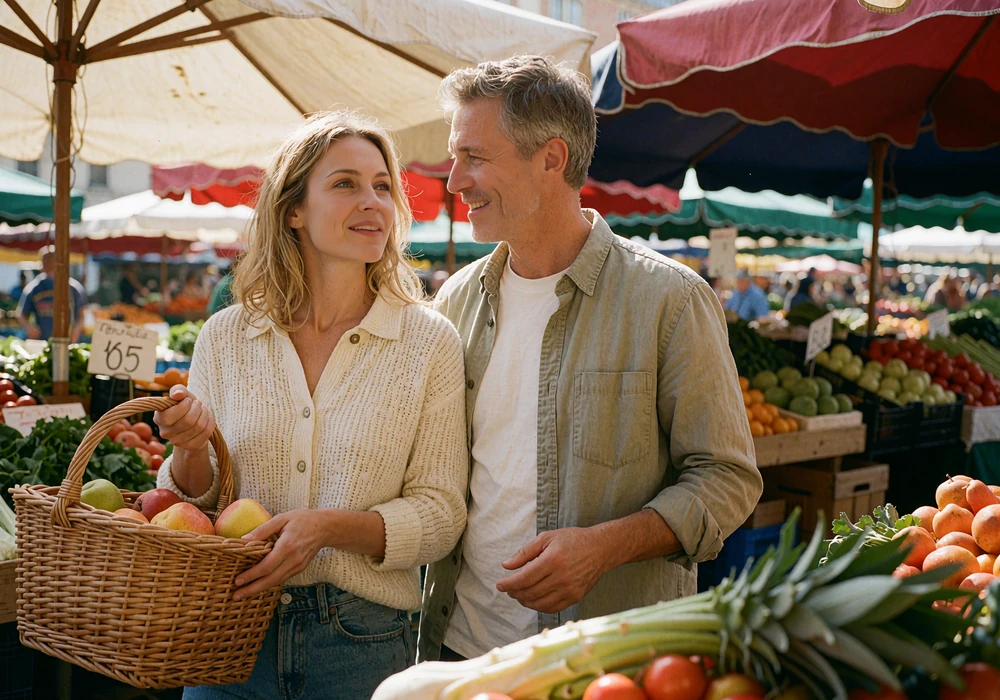 Couple browsing a produce market together, the woman holding a woven basket of fruit