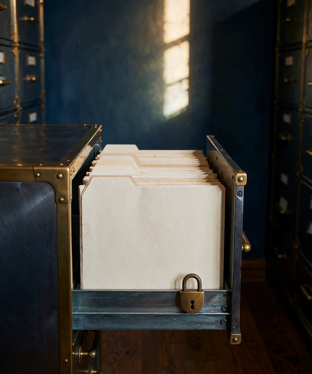 Steel archive cabinet drawer with unmarked cream folders and a closed brass padlock in a quiet records room