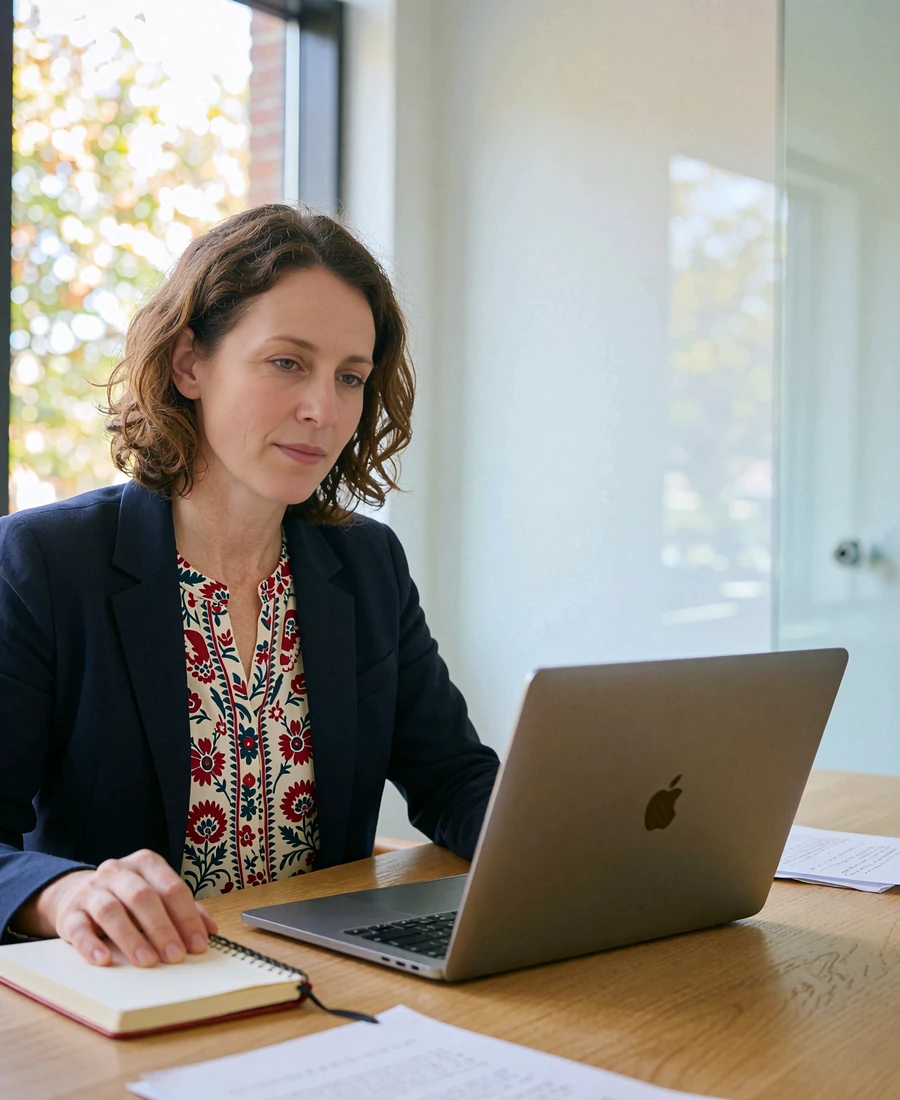 Moderation specialist reviewing profile documentation at a bright office desk