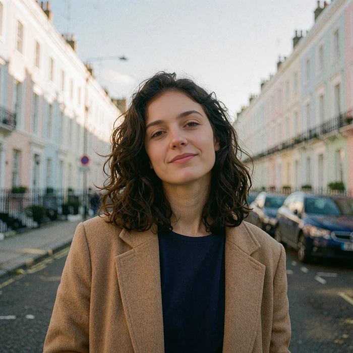 Woman in a camel wool coat standing on a European city street at dusk