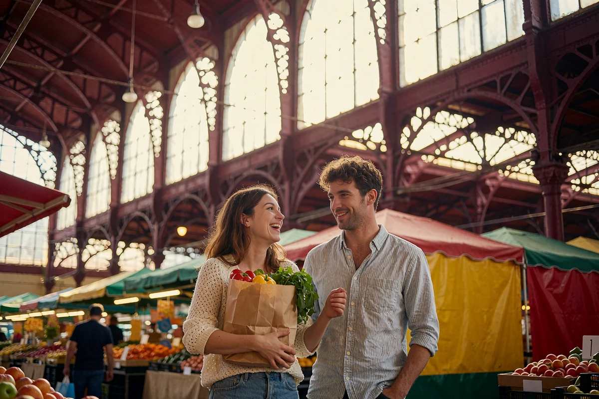 Couple browsing a covered market hall together, the woman holding a paper bag of produce and laughing