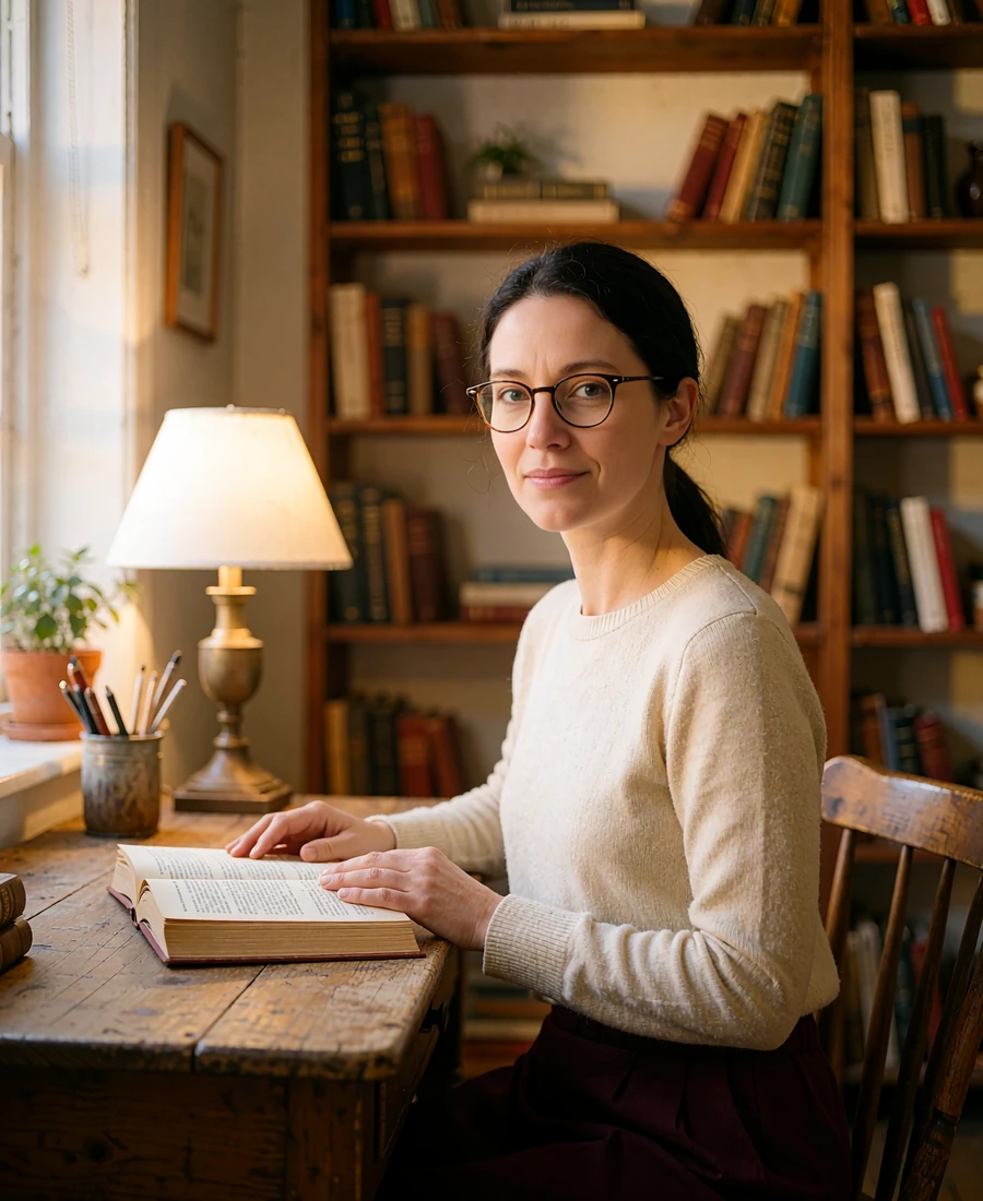 Woman with thin-framed glasses studying at a wooden reading desk with a warm lamp glow