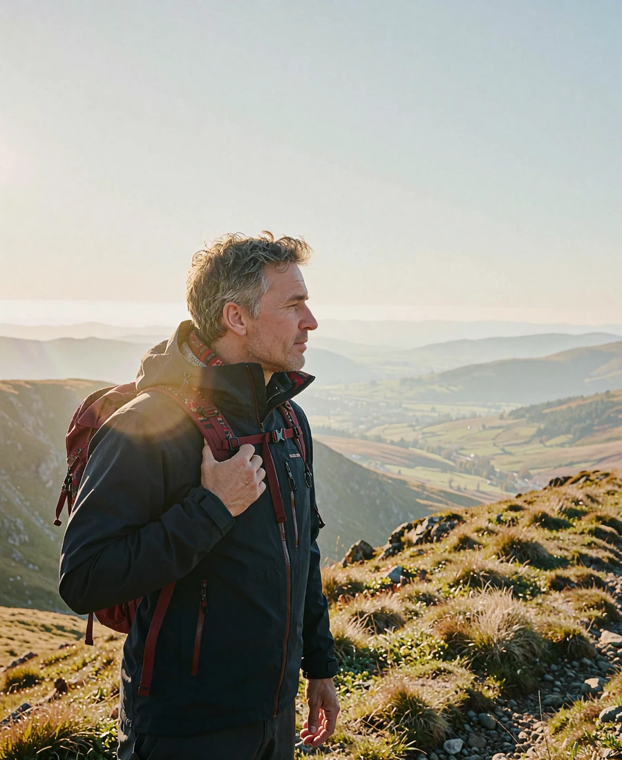Man in a dark technical jacket pausing on a grassy mountain ridge, looking out across a hazy valley