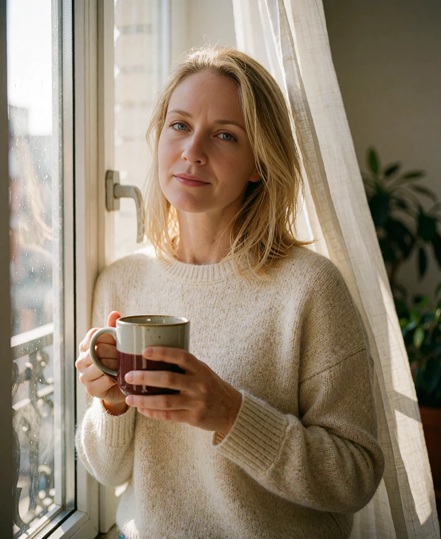 Woman in a cream sweater holding a mug beside a tall apartment window with soft morning light