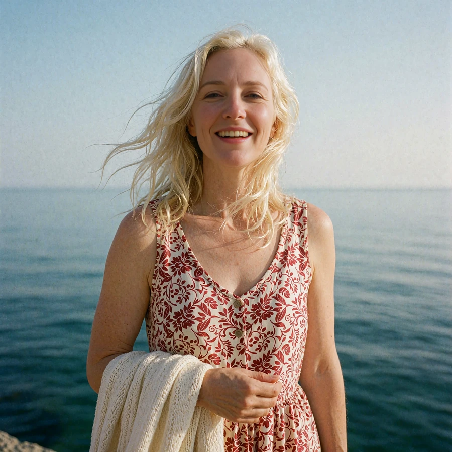 Woman laughing on a coastal walkway above the Black Sea near Varna