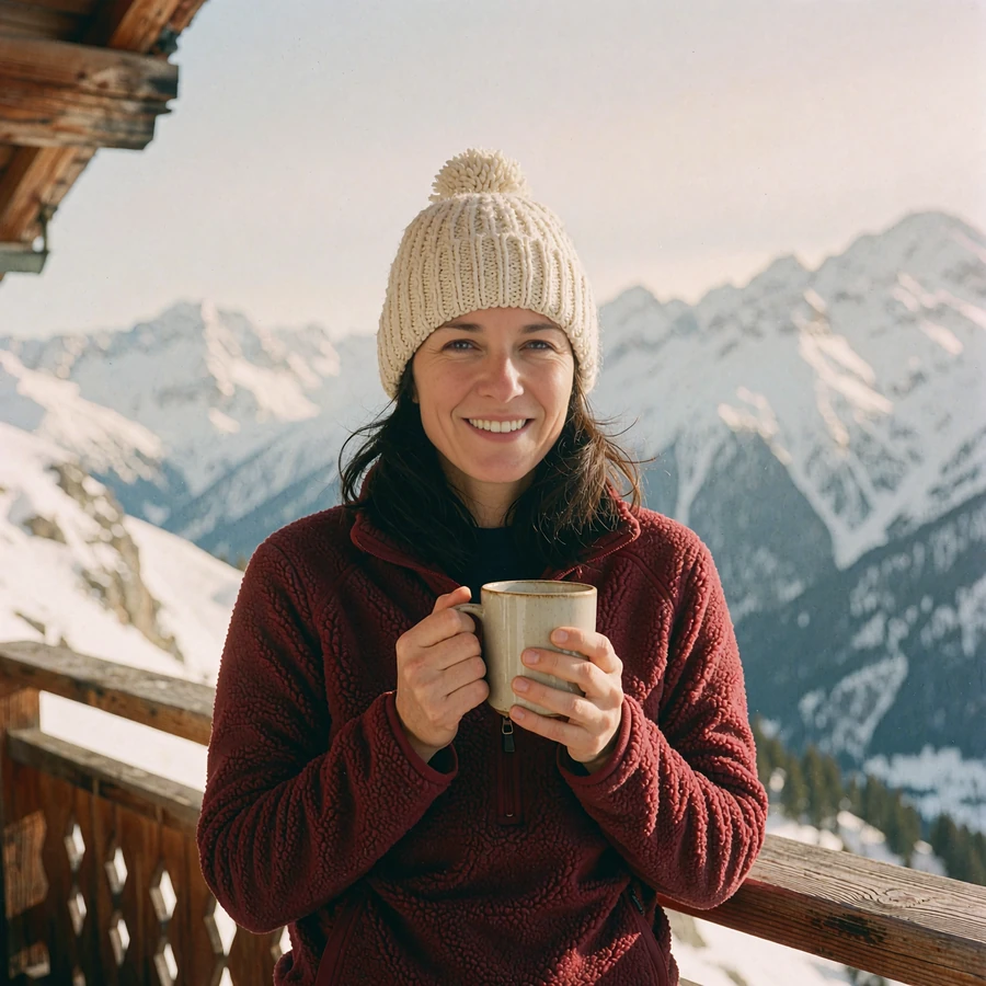 Woman in a crimson fleece holding a mug on a wooden balcony with snow-capped mountains behind her