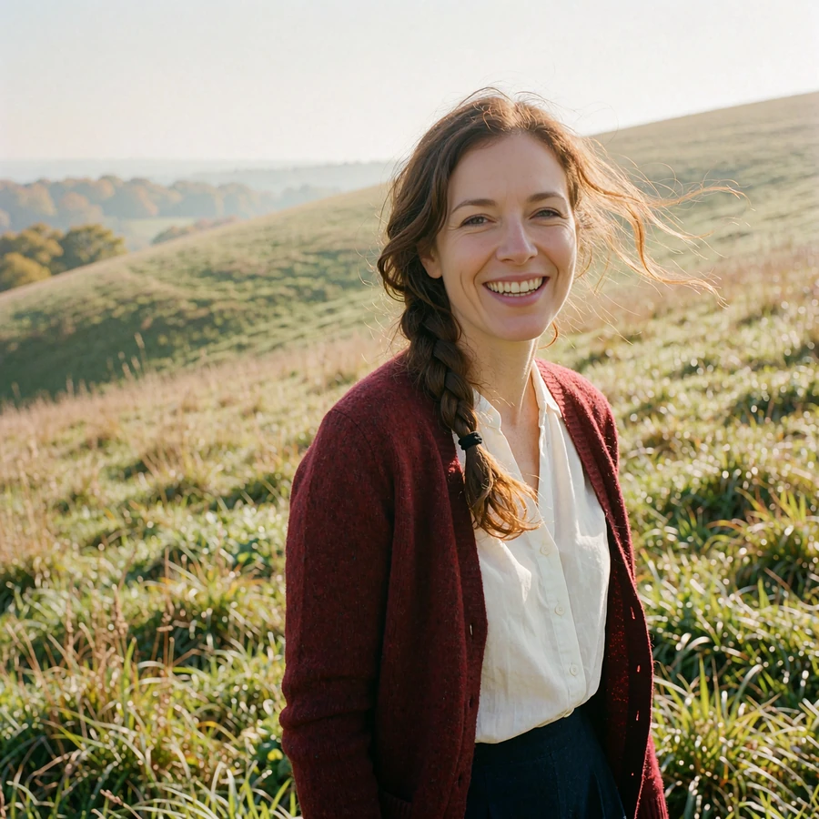 Woman with a side braid laughing in the wind on a grassy Transylvanian hillside