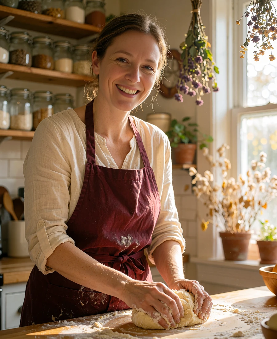 Woman in a burgundy apron kneading dough and laughing in a sunlit home kitchen