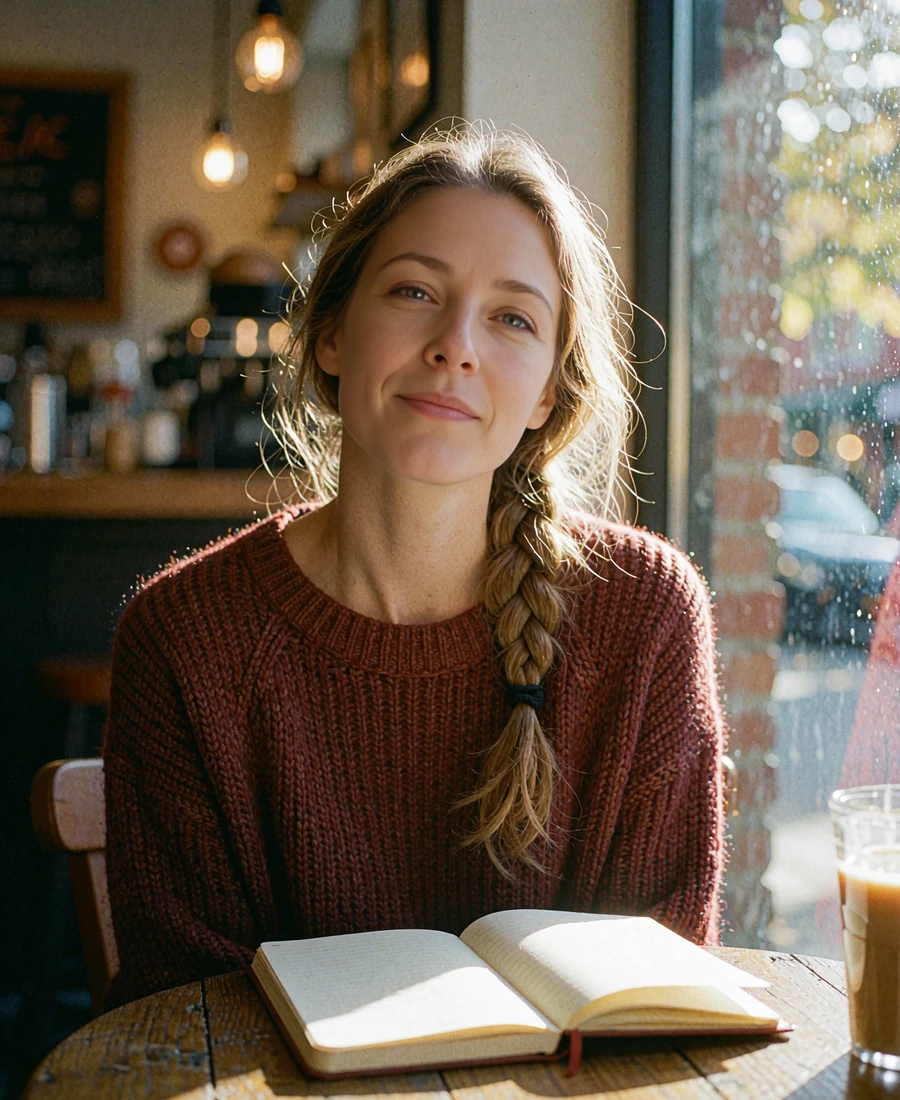 Woman with a loose braid sitting at a café table with an open notebook, looking up with a quiet smile