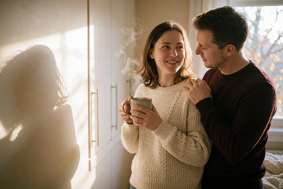Couple sharing morning coffee in a bright modern kitchen