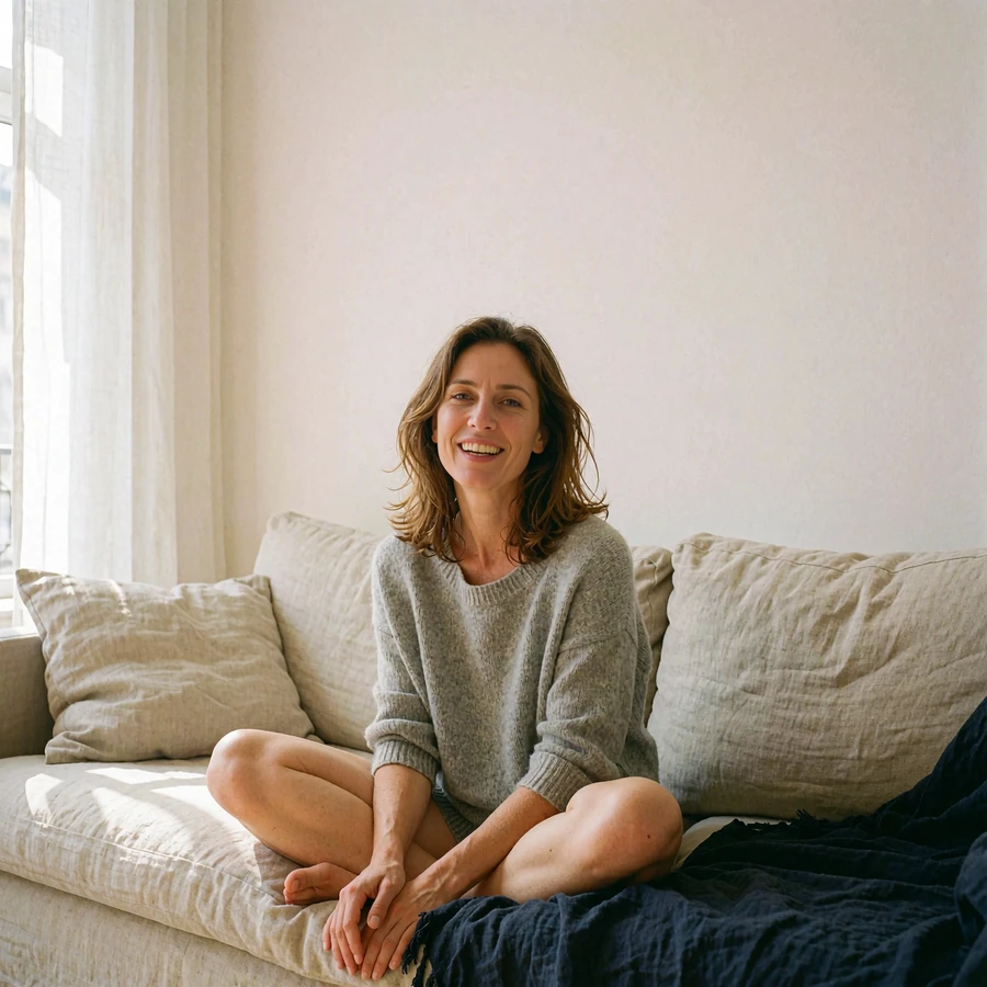 Woman in a soft grey knit top sitting cross-legged on a linen sofa in a bright modern apartment