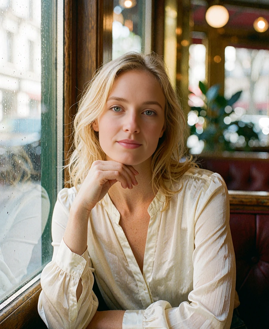 Fair-haired woman in an ivory blouse smiling by a sunlit café window