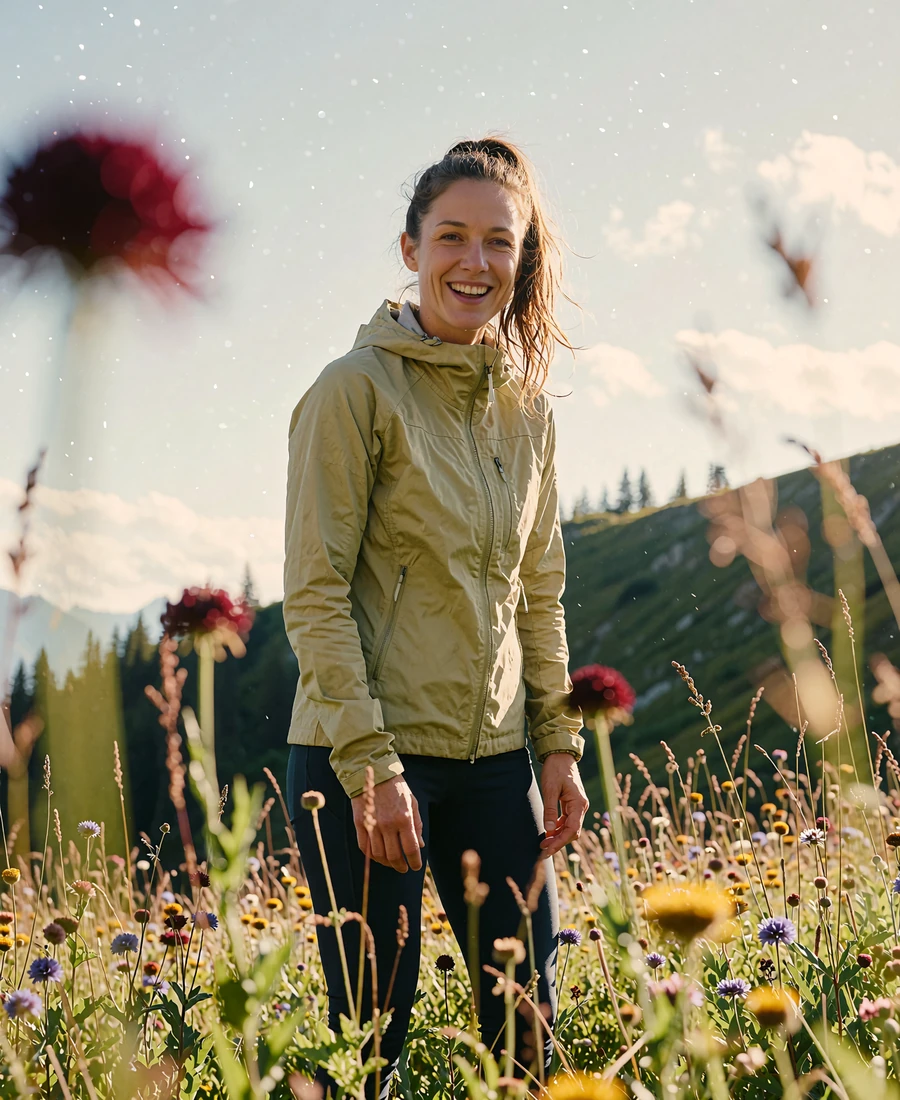 Woman with a high ponytail in an olive jacket laughing on a grassy alpine meadow in the High Tatras