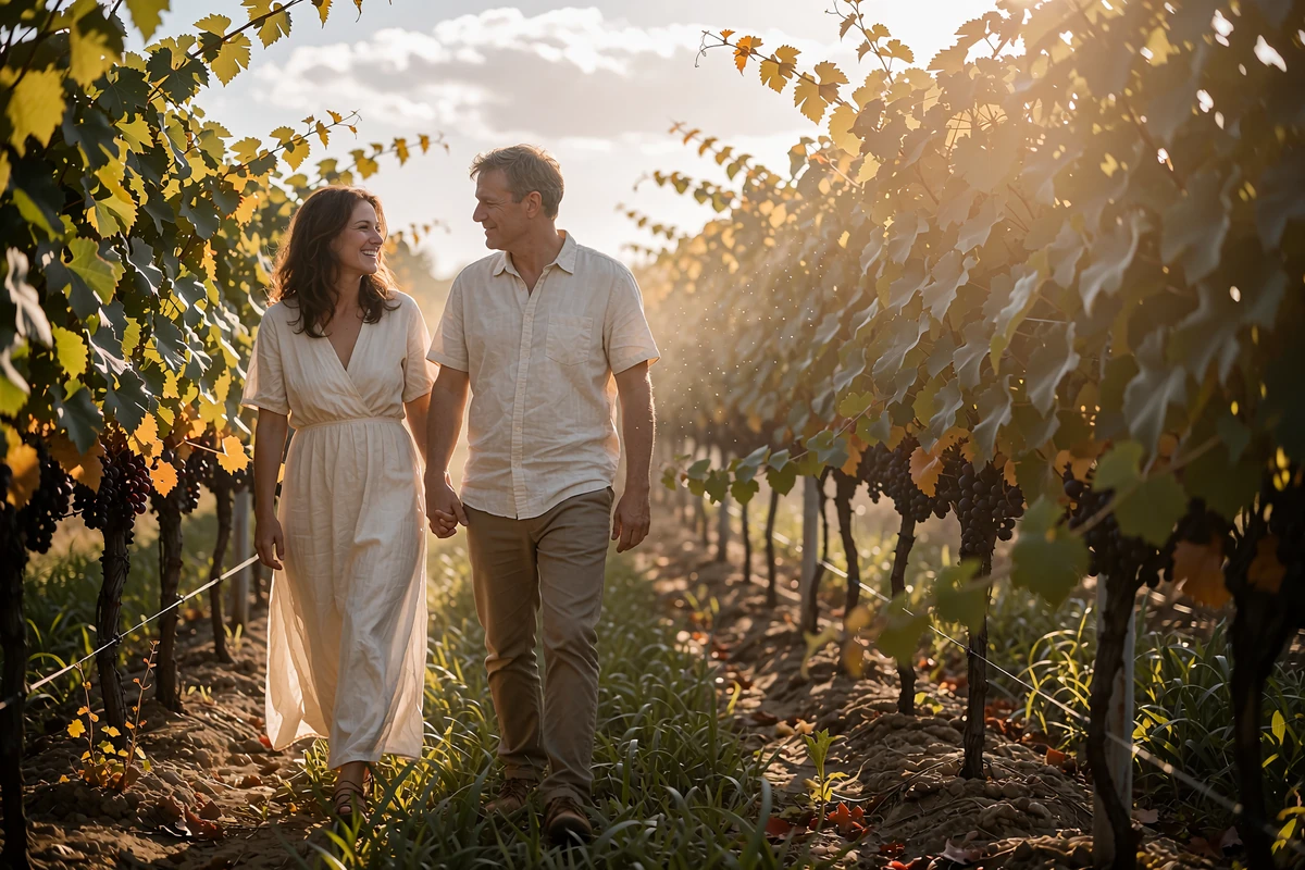 Couple walking hand in hand between rows of vines at golden hour in Moldova