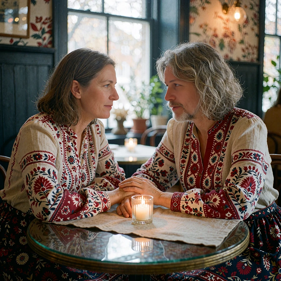 Couple in their late thirties leaning together in quiet conversation across a candlelit restaurant table