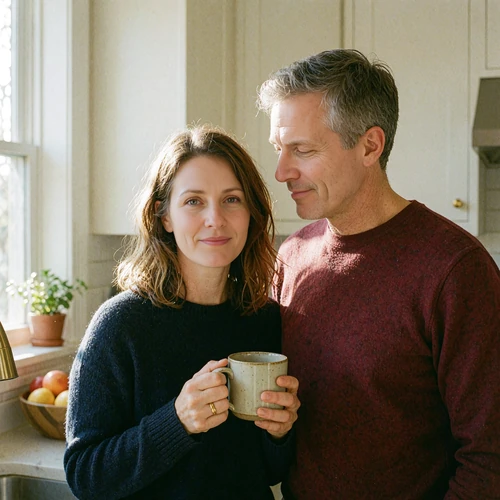 Couple standing together in a bright modern kitchen in the morning