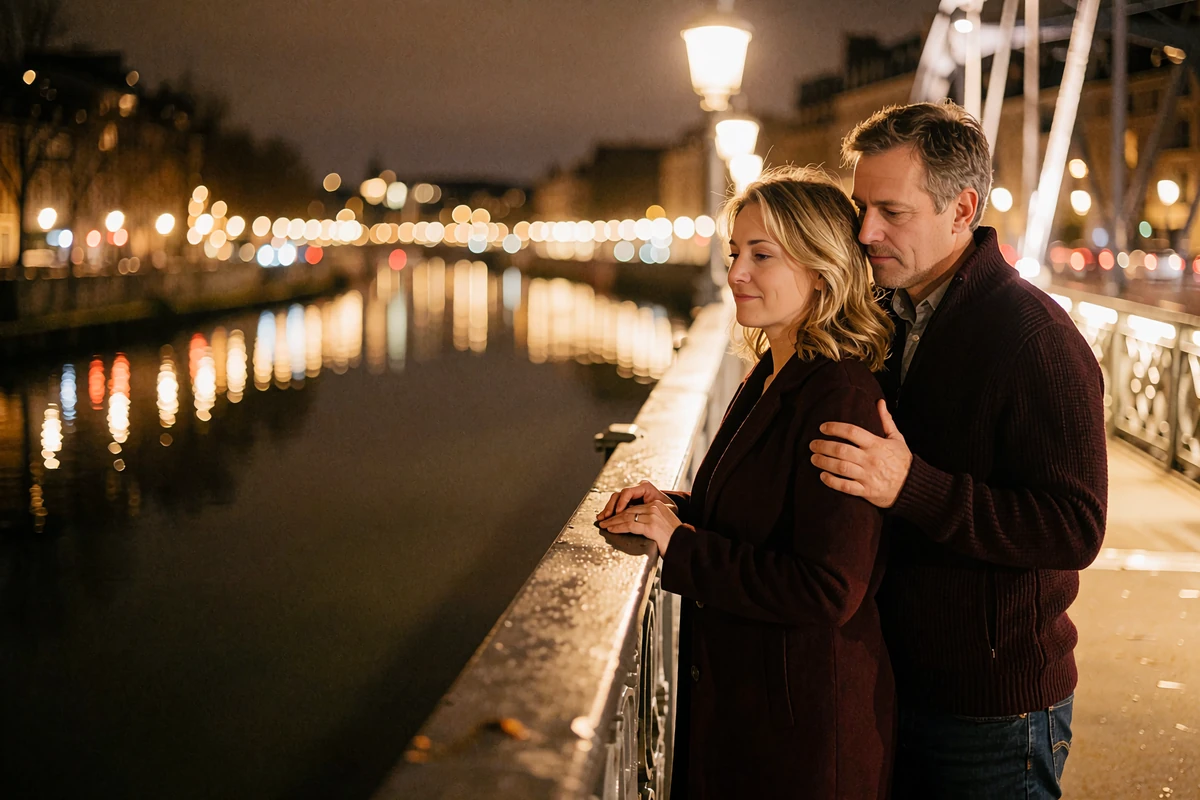 Couple standing close together on an illuminated river bridge at night with golden lights reflected in the water