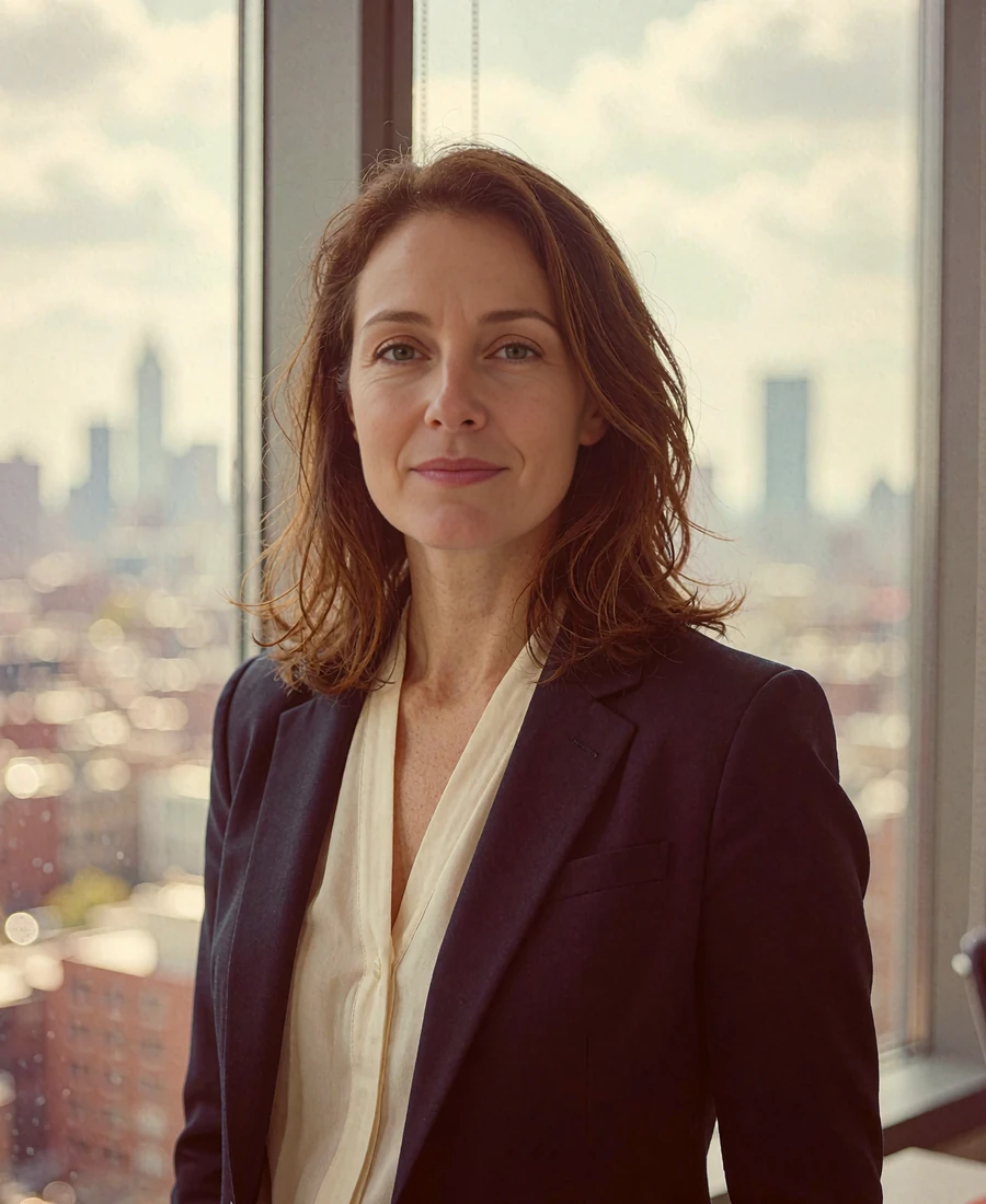 Woman in a tailored navy blazer standing near an office window with a soft city skyline behind her