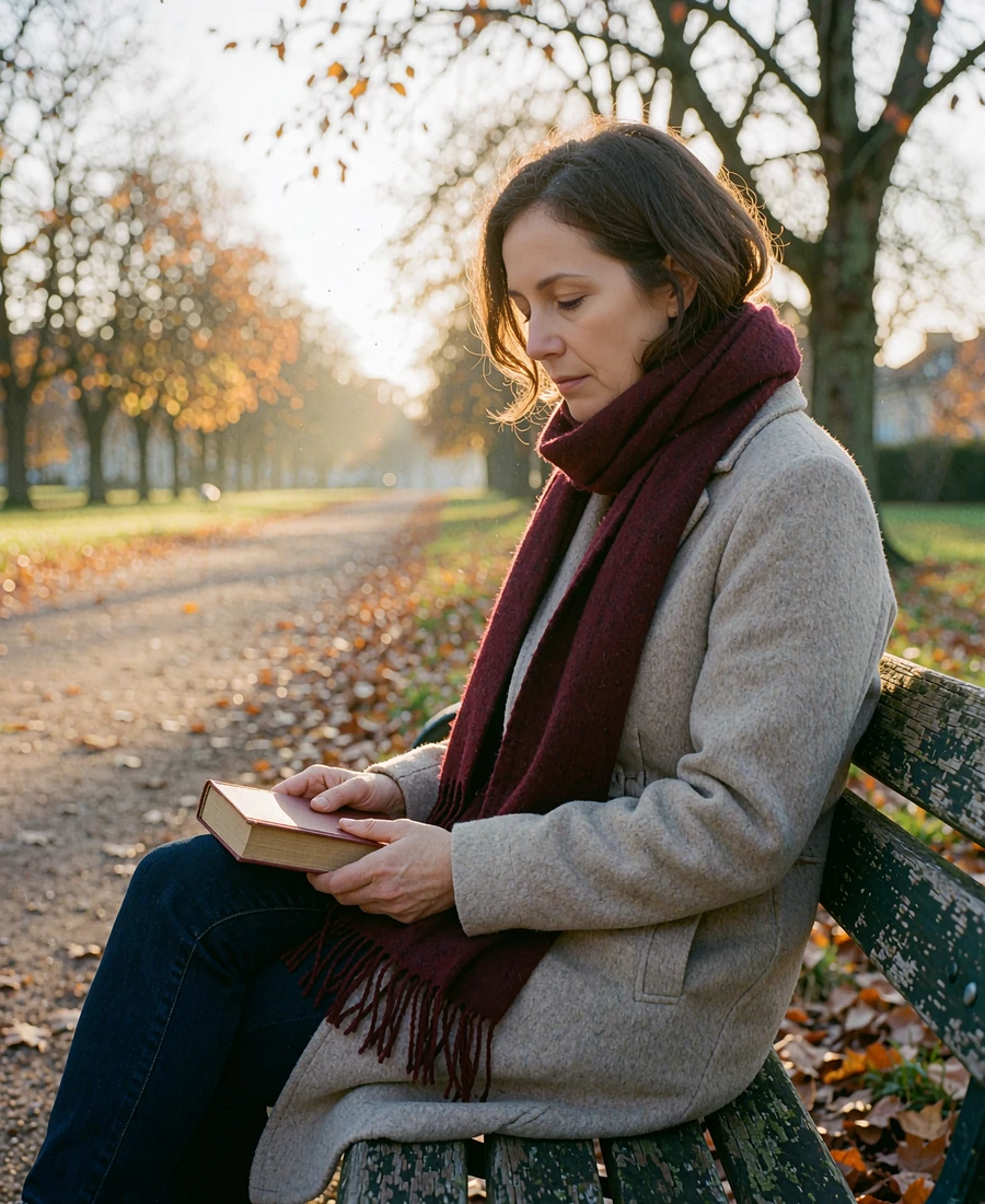 Woman in a burgundy scarf reading a book on a park bench during an autumn afternoon