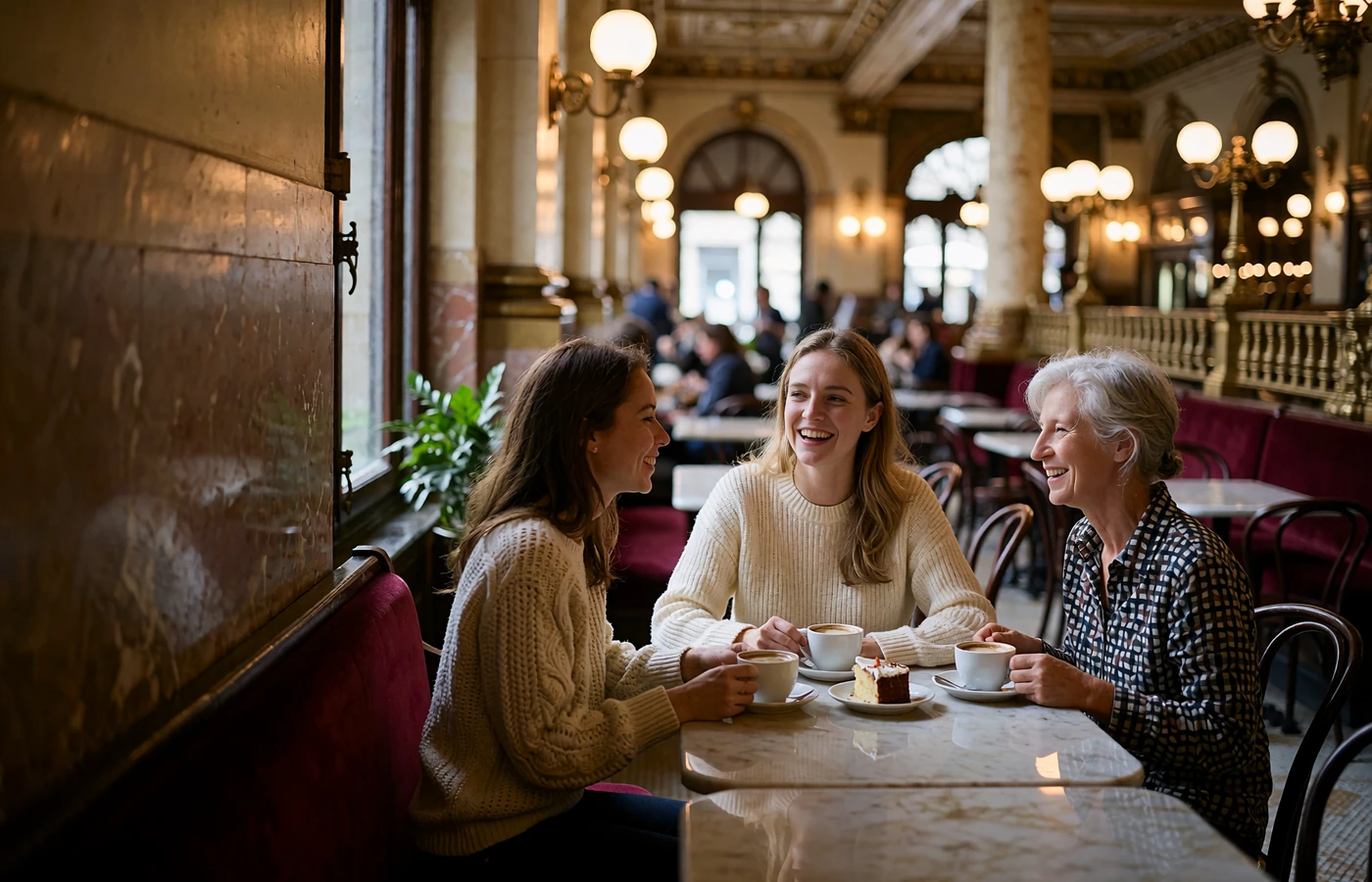 Two women laughing over coffee and cake at a marble table inside a grand historic Central European coffee house