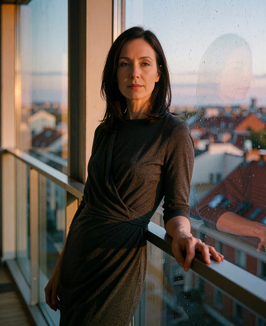 Woman in a charcoal dress leaning on a modern apartment balcony rail at dusk