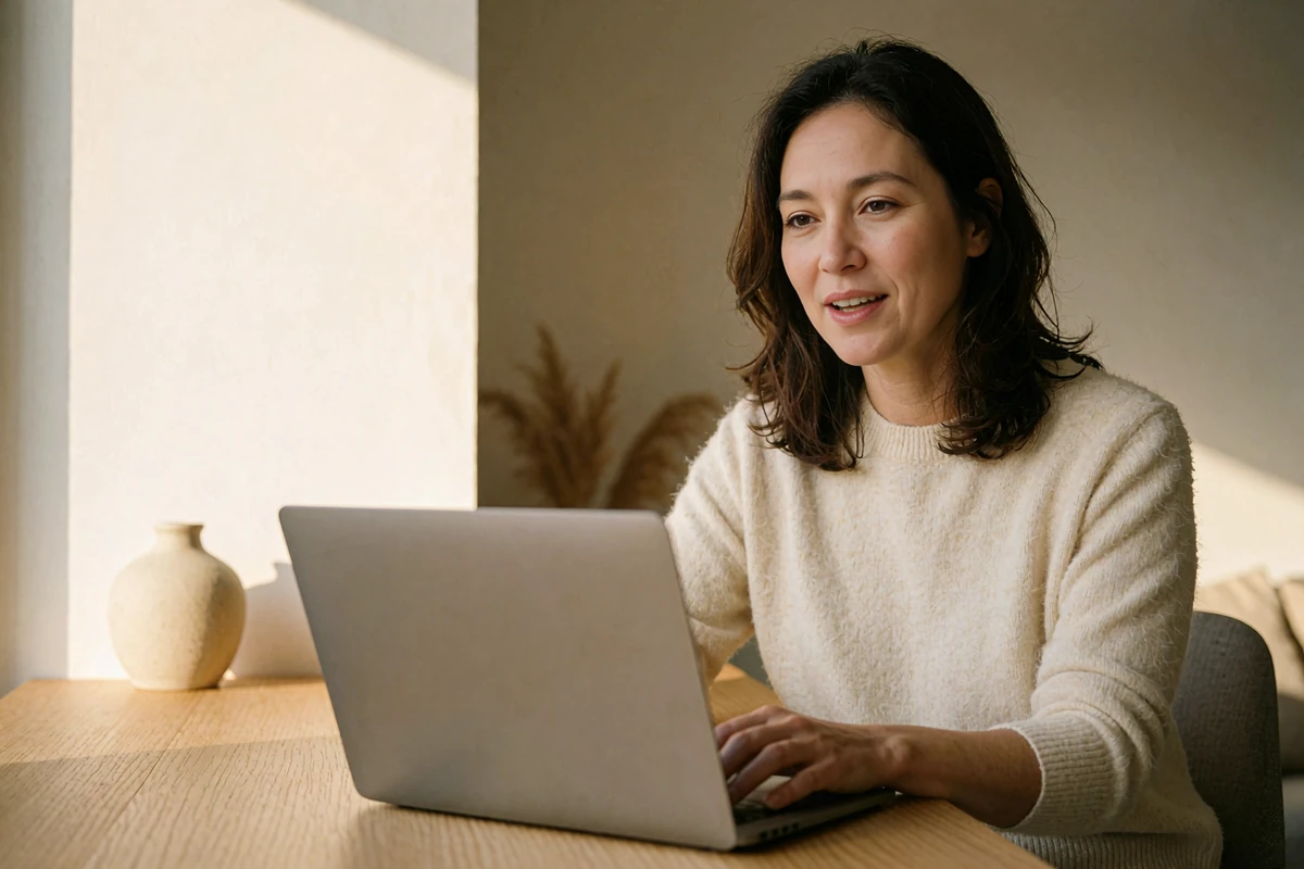 Woman in a cream knit sweater smiling during a video call on a laptop in a bright modern apartment