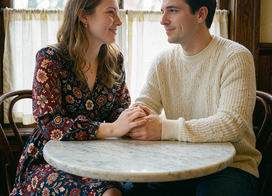 Couple seated across a small marble café table smiling at each other over clasped hands