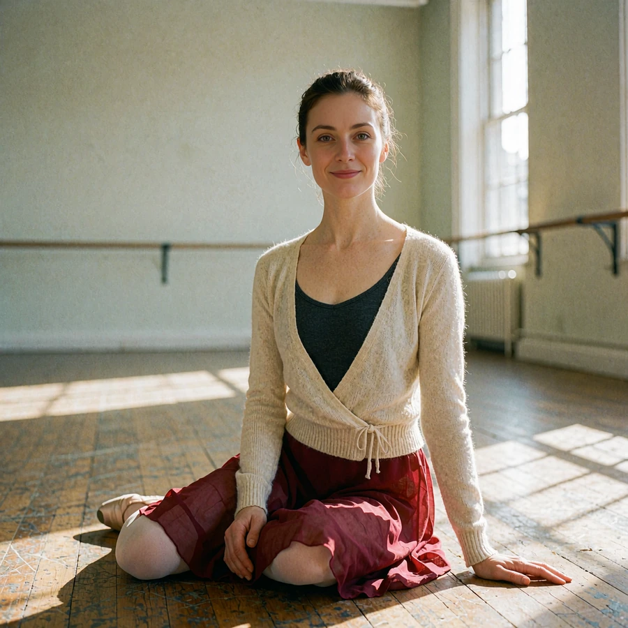 Woman in a charcoal leotard resting on the floor of a rehearsal studio