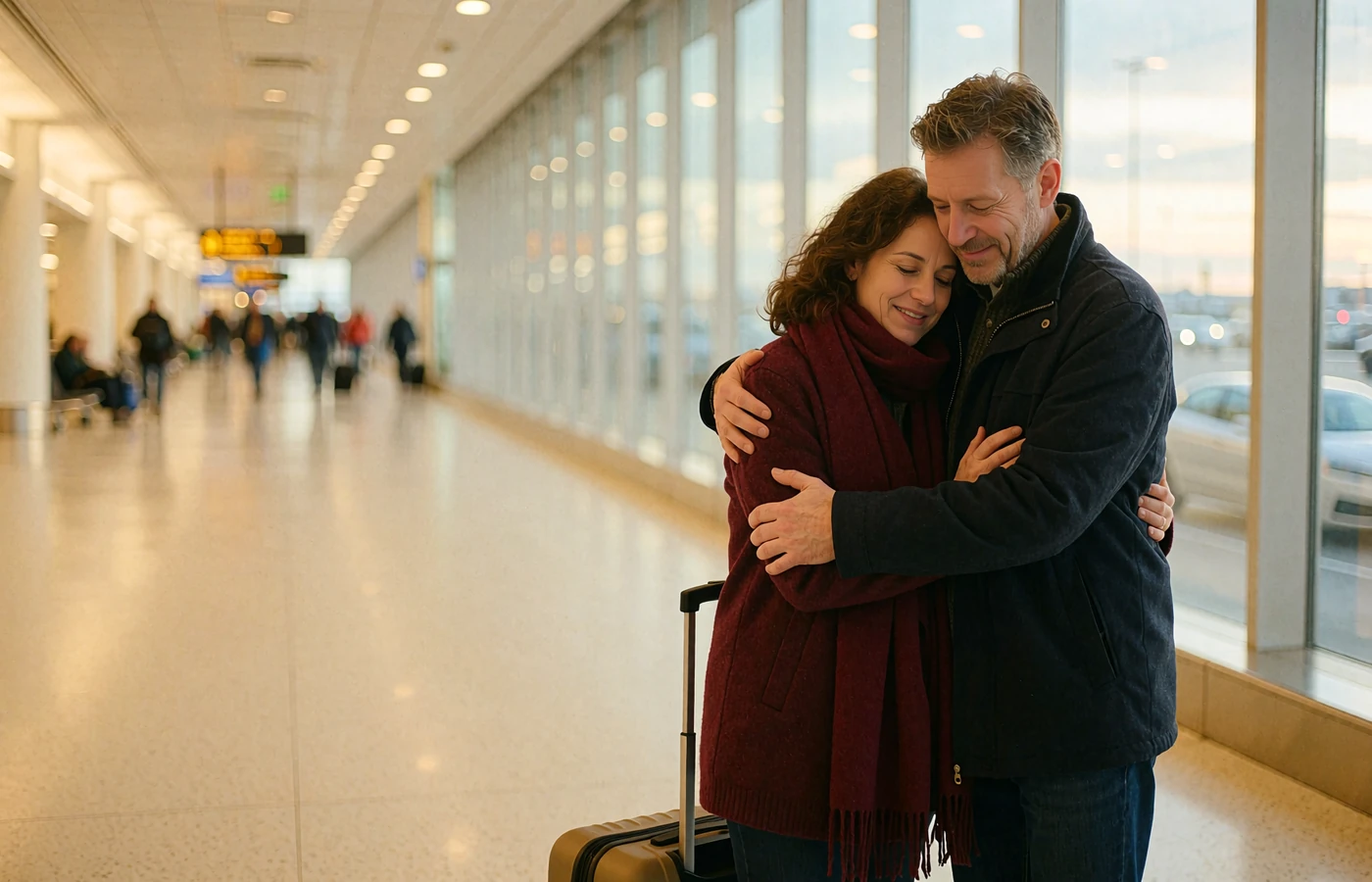 Couple in their forties embracing in a bright airport arrivals hall after a long journey