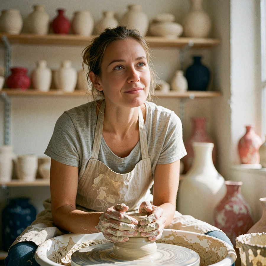Woman with clay-dusted hands pausing at a potter's wheel in a bright craft workshop
